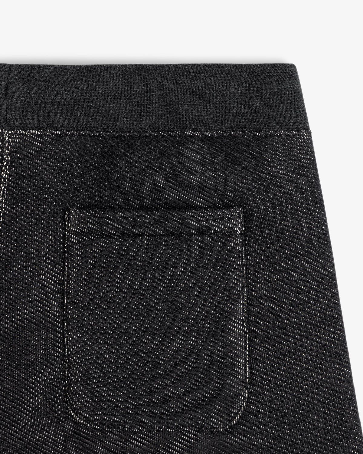 Close-up of the back pocket and waistband of dark gray Terry Lounge Sweatpant with a diagonal texture.