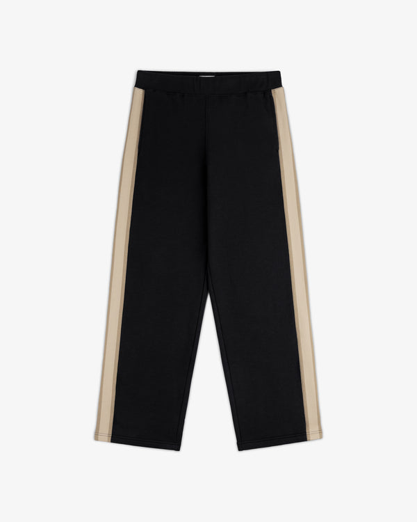 Saint George Track Pant: black with beige side stripes, elastic waist, straight leg, shown flat on white background.