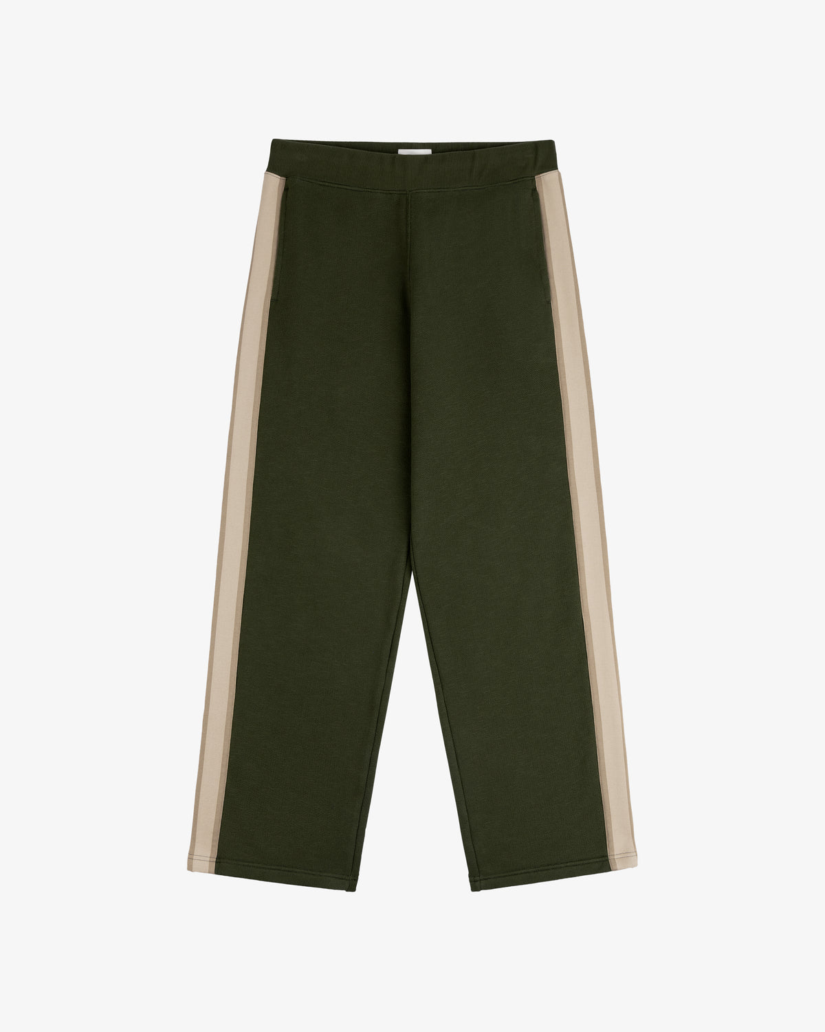 Saint George Track Pant in green with beige side stripes, laid flat on a white background.