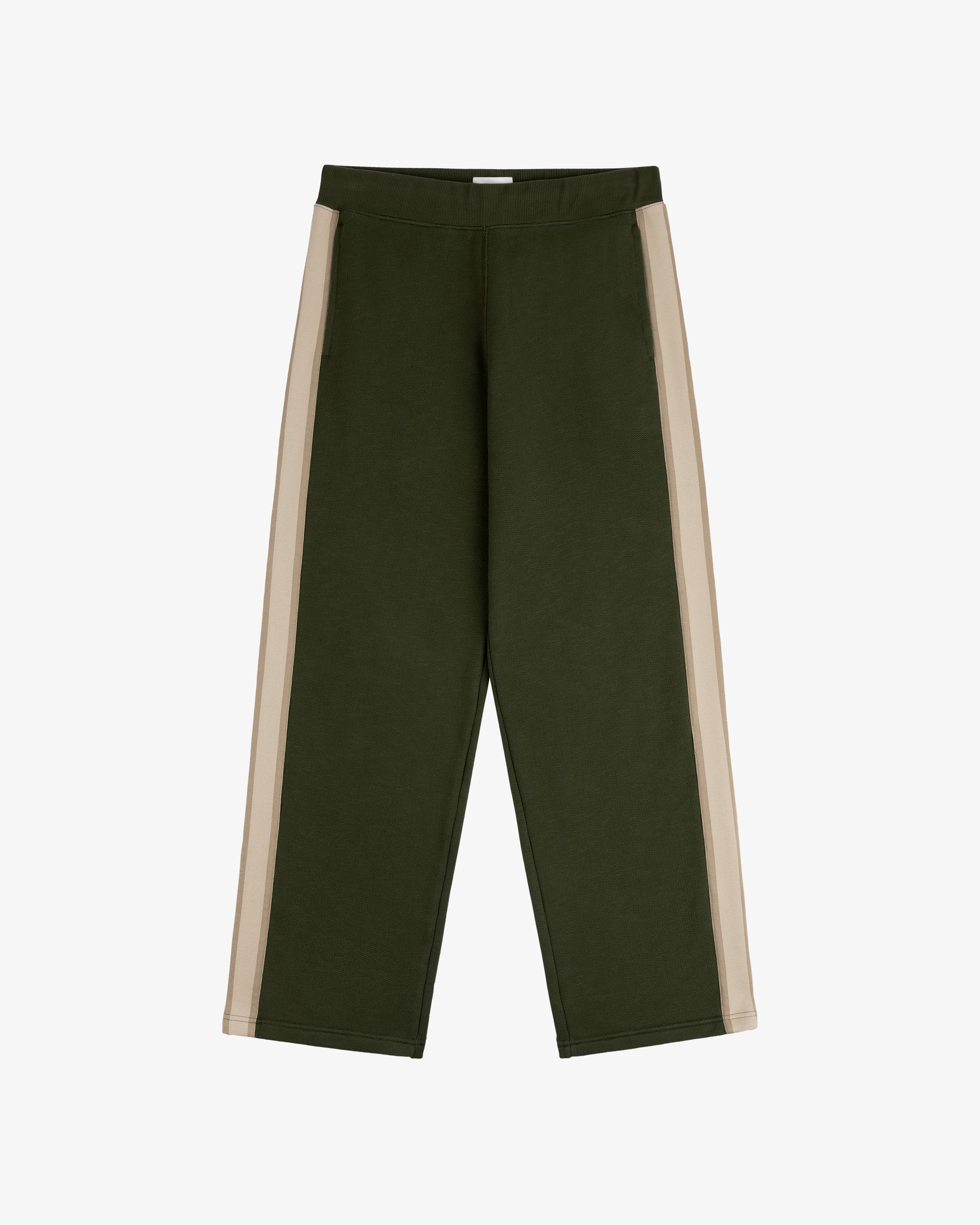 Saint George Track Pant in green with beige side stripes, laid flat on a white background.