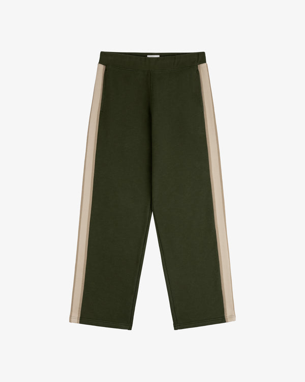 Saint George Track Pant in green with beige side stripes, laid flat on a white background.