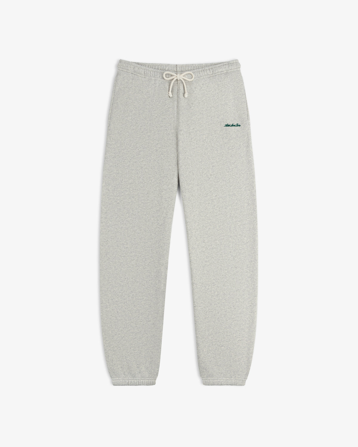 Light grey Script Sweatpant with a drawstring waist and dark green embroidery on the hip.