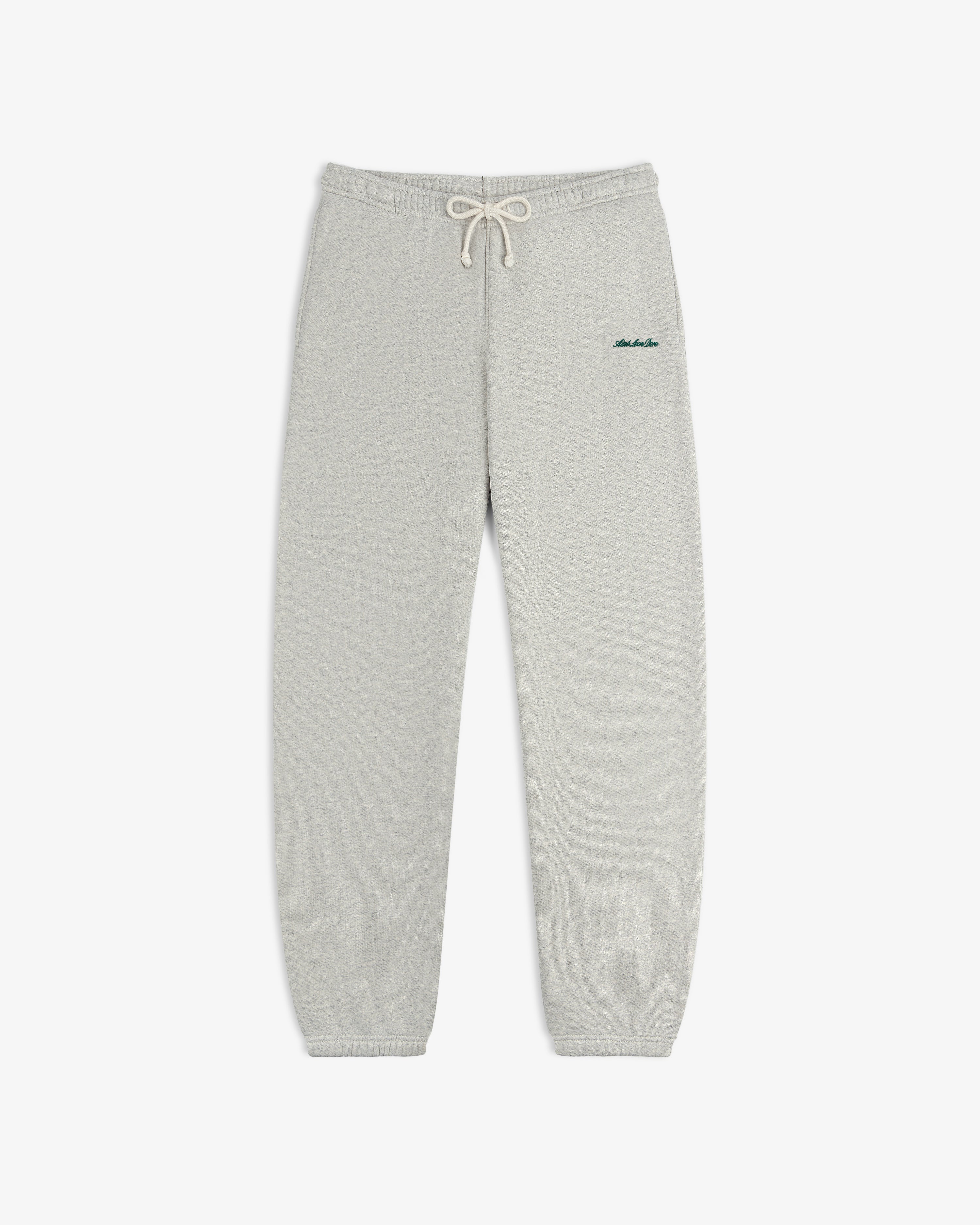 Light grey Script Sweatpant with a drawstring waist and dark green embroidery on the hip.