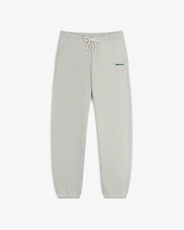 Light grey Script Sweatpant with a drawstring waist and dark green embroidery on the hip.