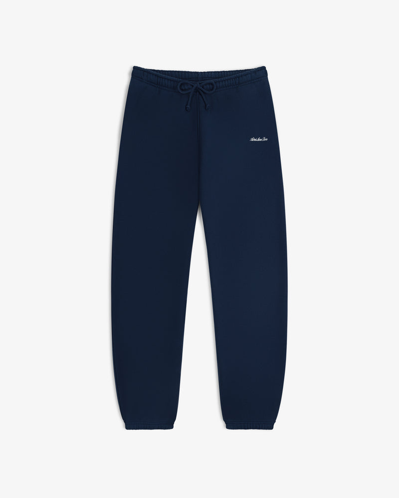 Navy blue Script Sweatpants with a drawstring waist and small white cursive text on the upper left thigh.