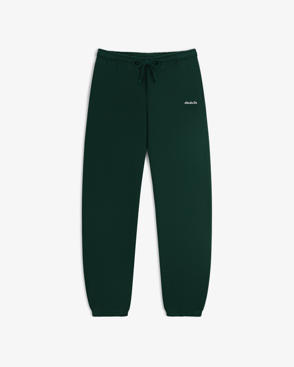 Dark green Script Sweatpants with a drawstring waist and white cursive logo on the hip.