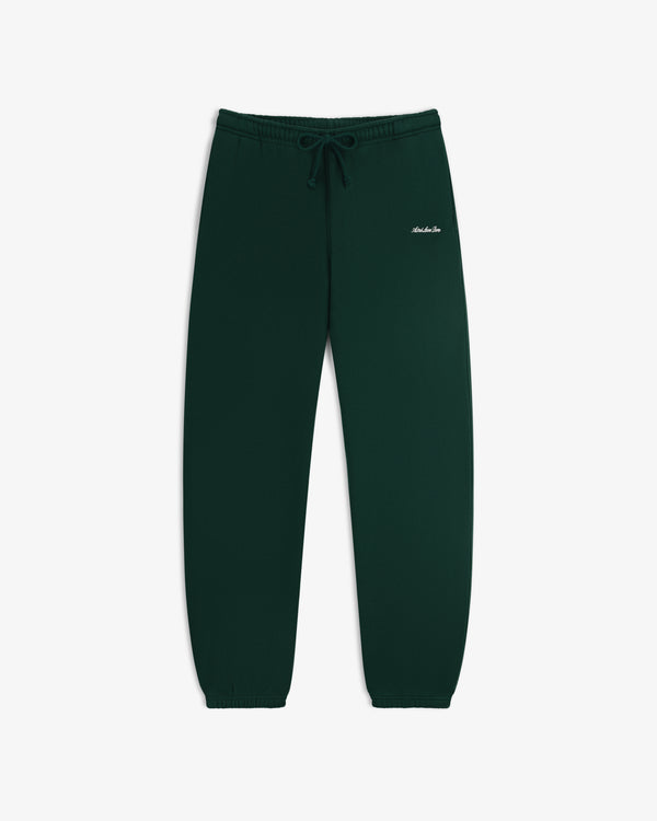Dark green Script Sweatpants with a drawstring waist and white cursive logo on the hip.