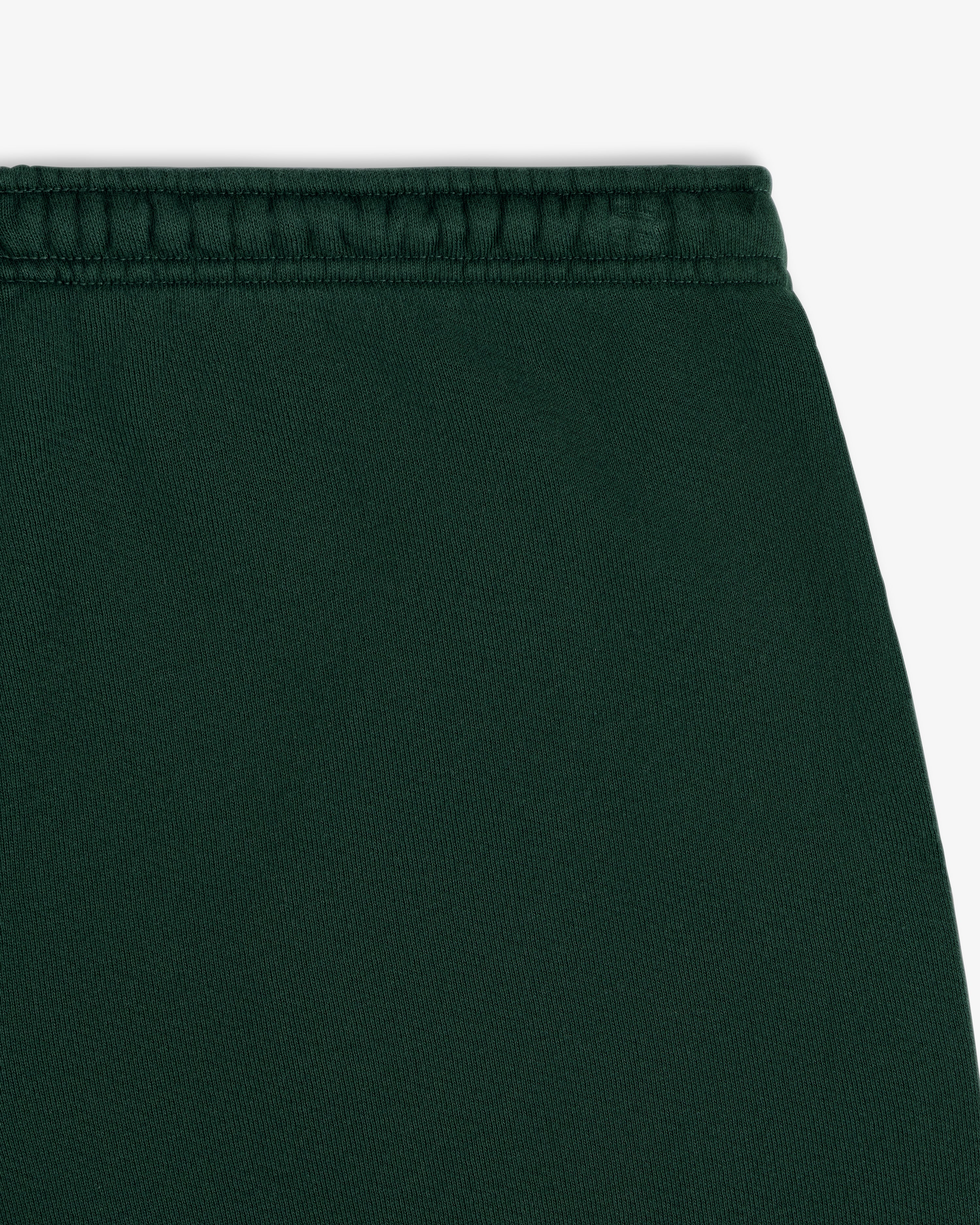 Close-up of the dark green elastic waistband of the Script Sweatpant.