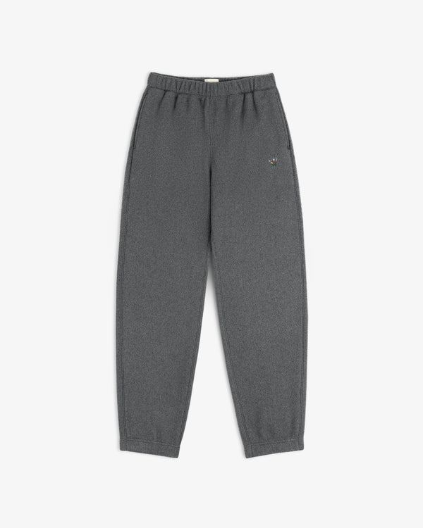 Crest Fleece Sweatpant in dark gray with elastic waist and cuffs, displayed flat on a white background.