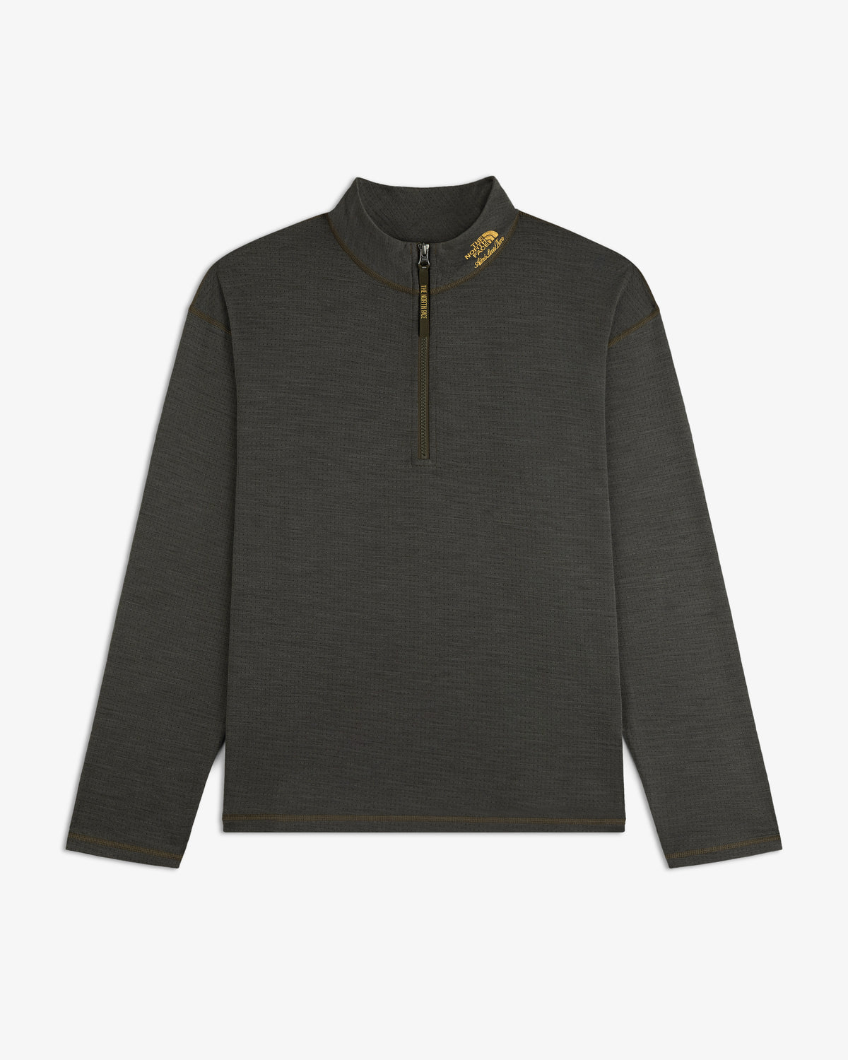 ALD/The North Face DOTKNIT™ Wool Quarter Zip in dark gray with yellow collar logo, shown flat on white background.
