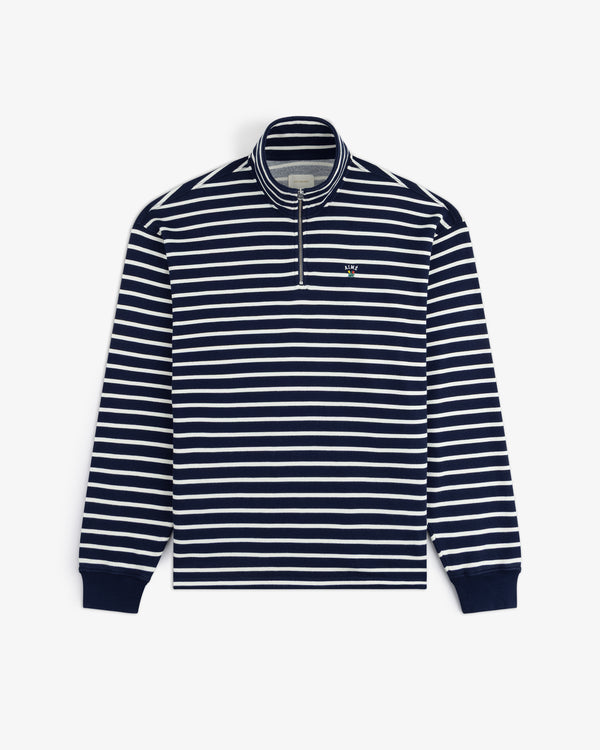 Striped Crest Quarter Zip: navy/white stripes, long sleeves, half-zip, chest crest logo.