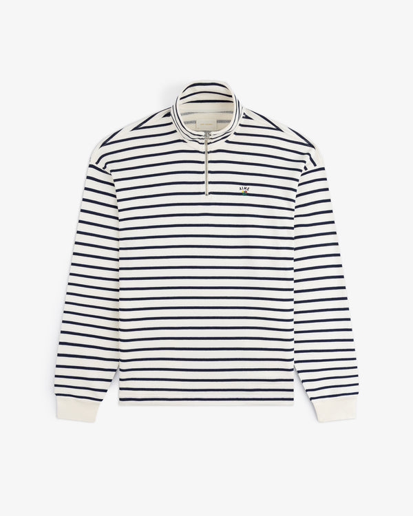 Striped Crest Quarter Zip: White, navy stripes, half-zip collar, and embroidered chest logo.