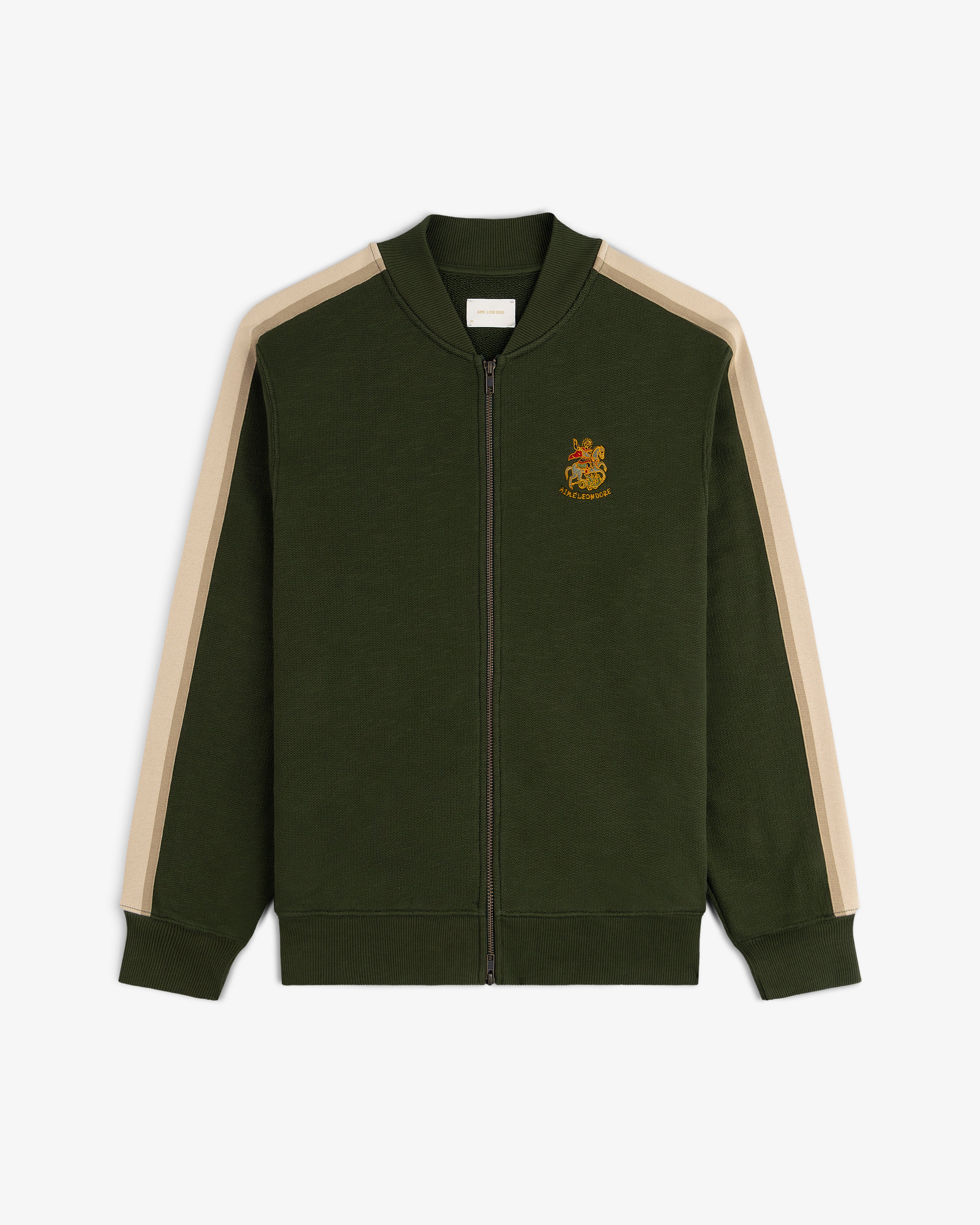 Saint George Track Jacket: dark green zip-up with beige sleeve stripes and a small left chest embroidered crest.