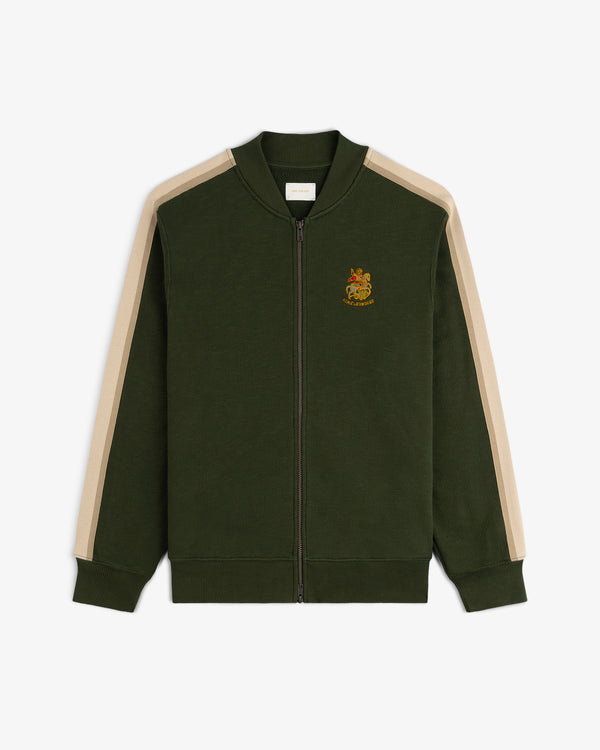 Saint George Track Jacket: dark green zip-up with beige sleeve stripes and a small left chest embroidered crest.