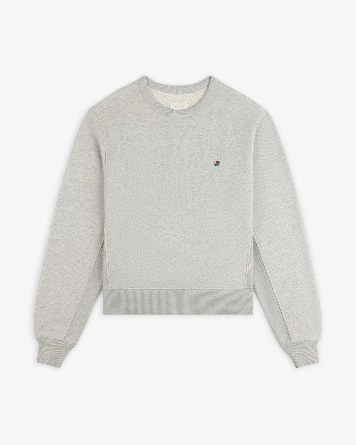 Light gray Crest Crewneck Sweatshirt featuring a small, colorful embroidered logo on the chest.