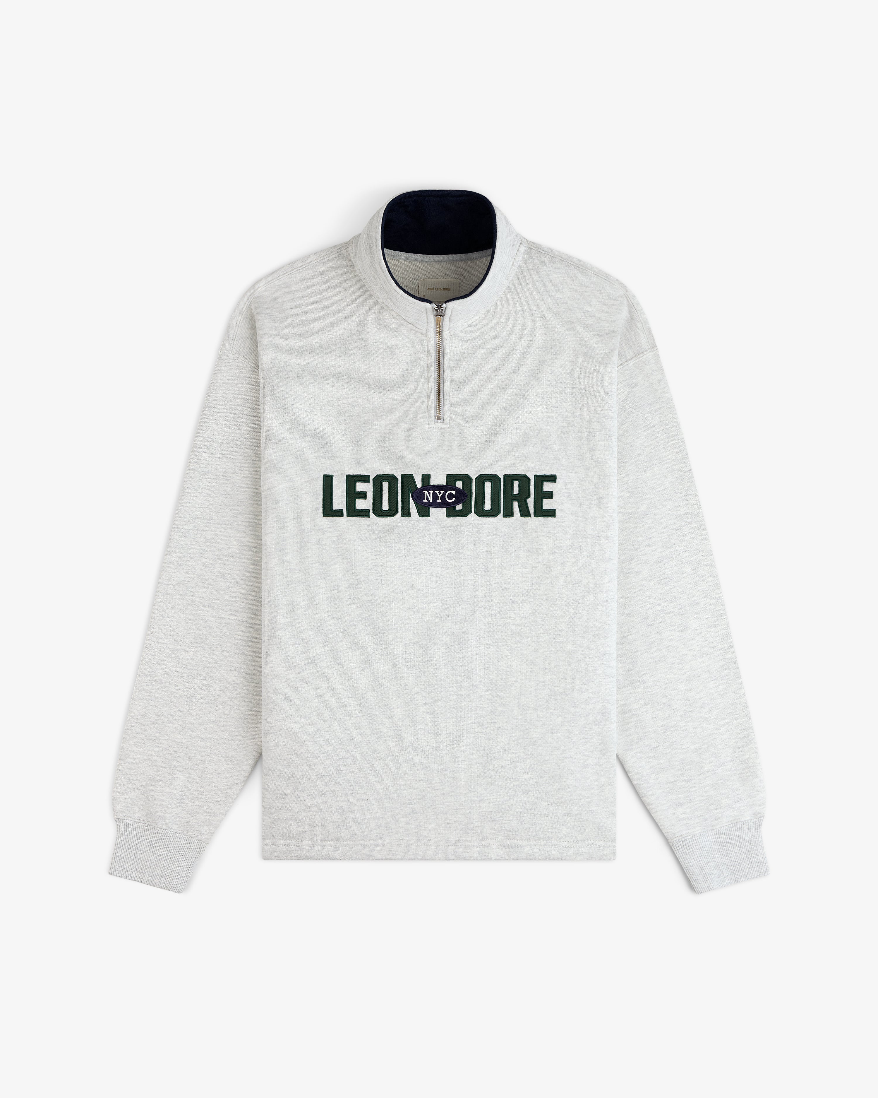 Aimé Souvenir Quarter Zip in light gray with green and black LEON DORE NYC text across the chest.