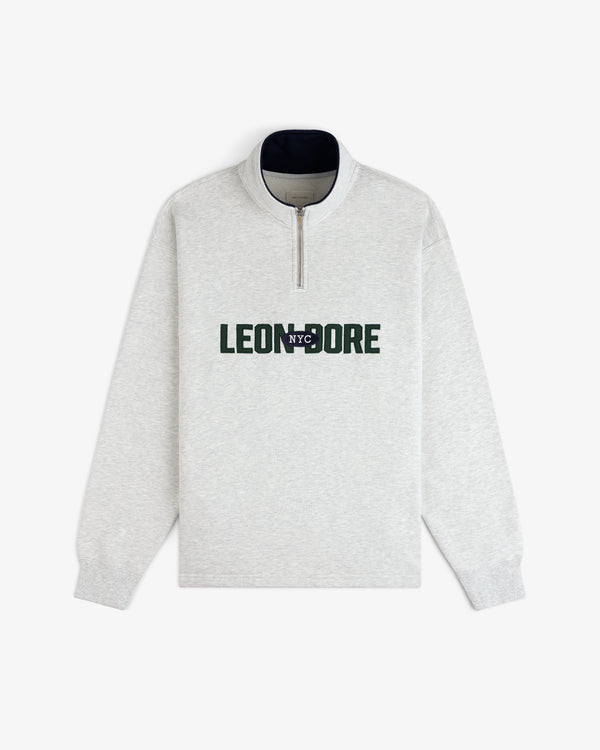 Aimé Souvenir Quarter Zip in light gray with green and black LEON DORE NYC text across the chest.