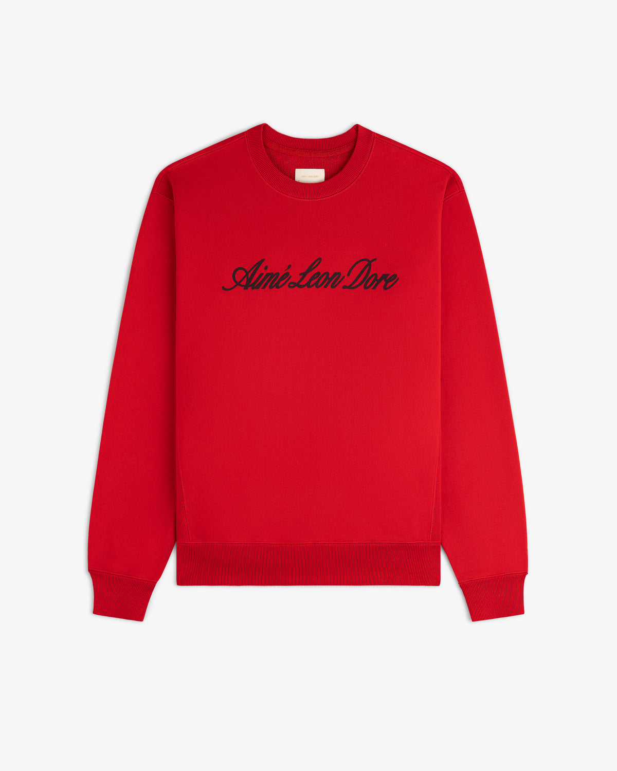 Vintage Script Crewneck Sweatshirt in red with black Aimé Leon Dore script, shown on a white background.