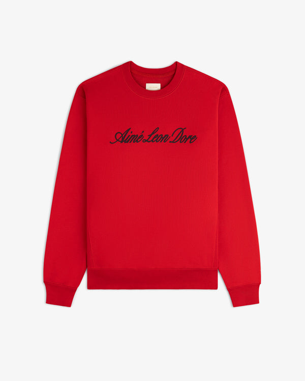 Vintage Script Crewneck Sweatshirt in red with black Aimé Leon Dore script, shown on a white background.