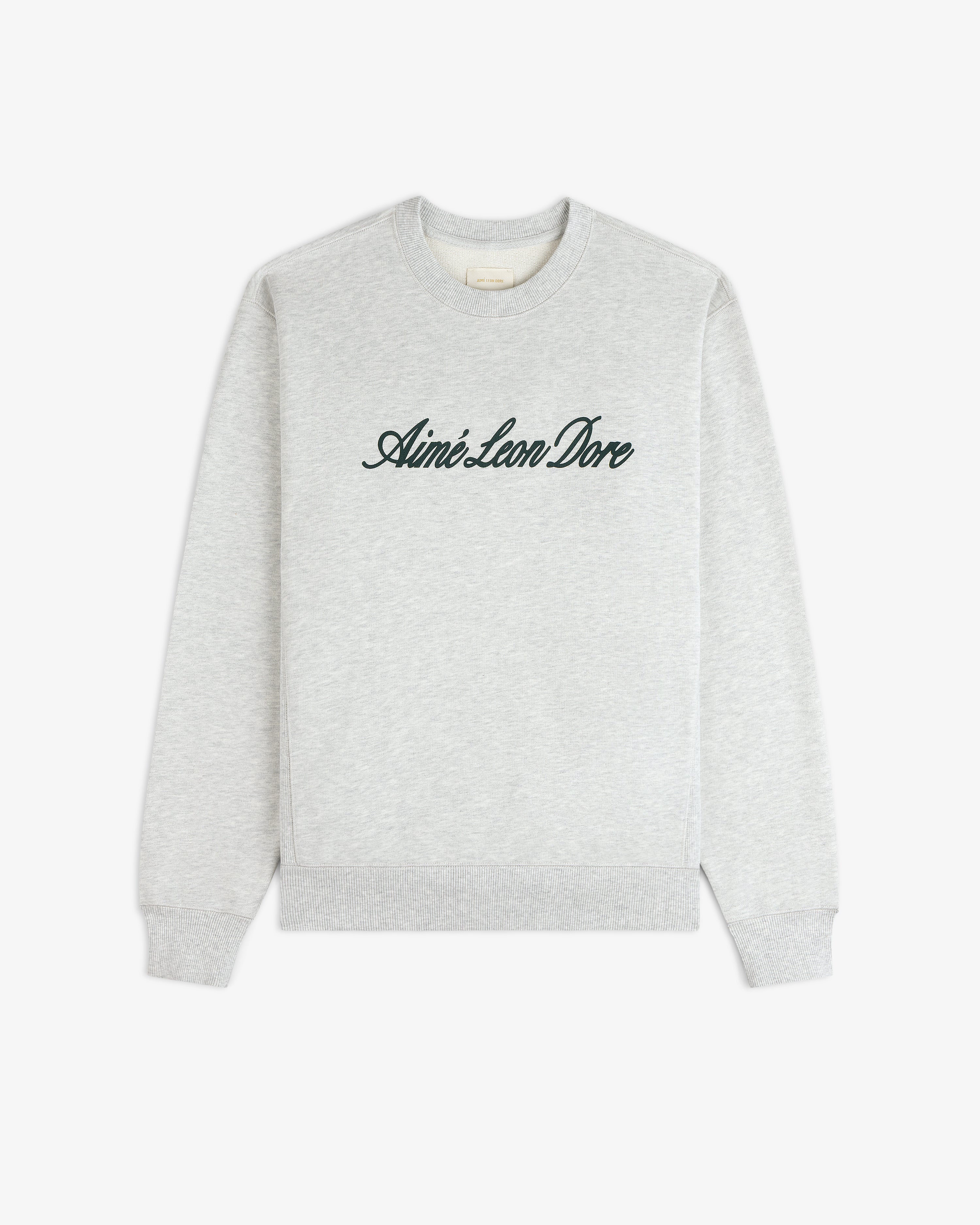 Light gray Vintage Script Crewneck Sweatshirt with Aimé Leon Dore in black script across the chest.