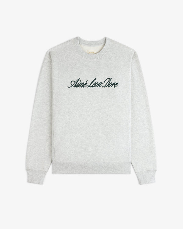 Light gray Vintage Script Crewneck Sweatshirt with Aimé Leon Dore in black script across the chest.