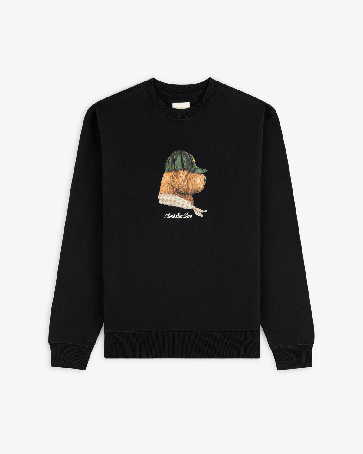 Buddy Crewneck Sweatshirt featuring a dog in a green cap and sweater illustration on the front center.