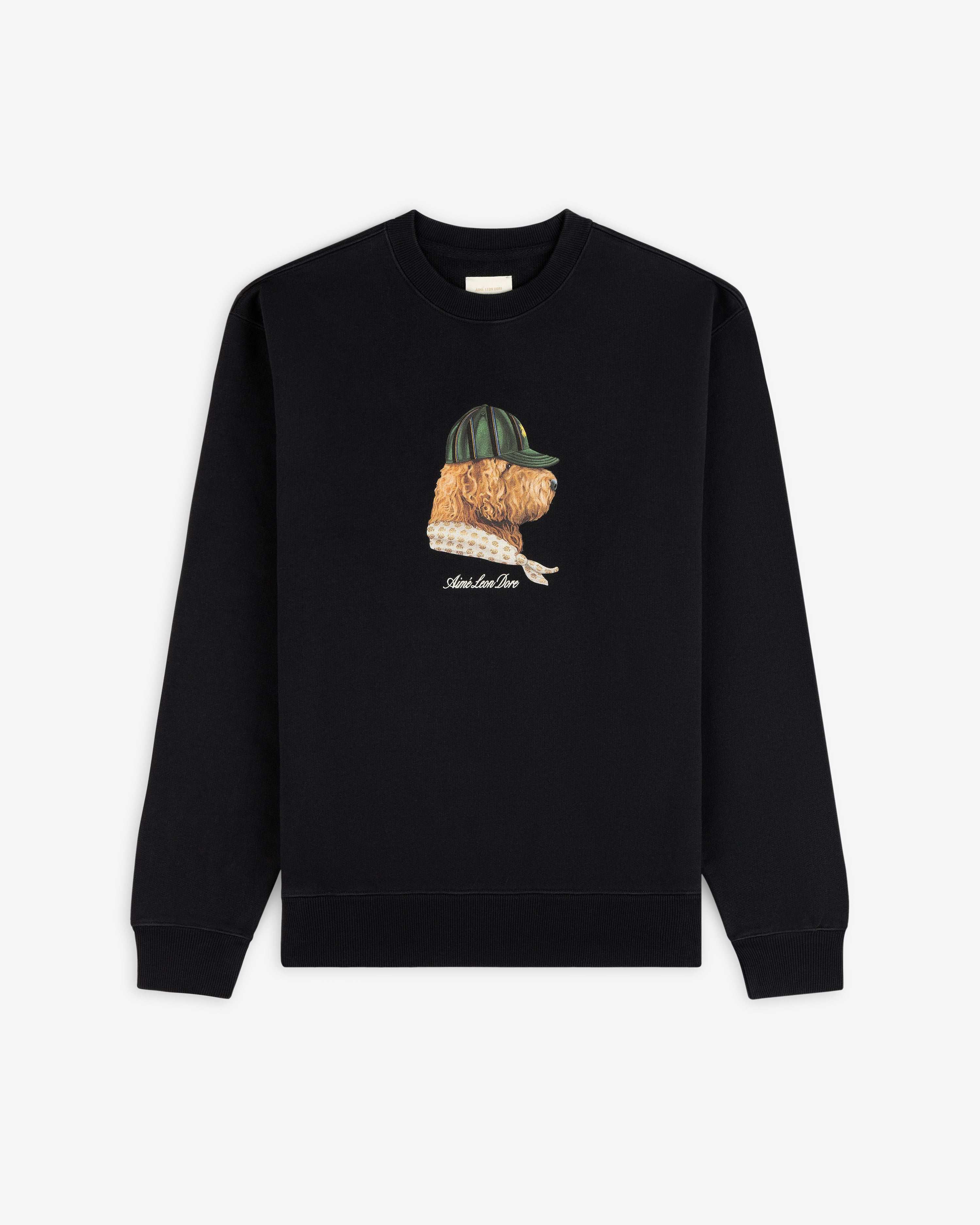 Buddy Crewneck Sweatshirt featuring a dog in a green cap and sweater illustration on the front center.
