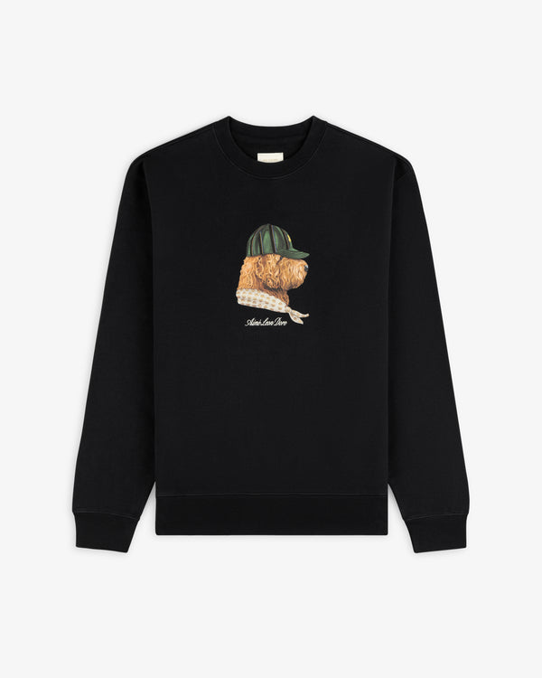 Buddy Crewneck Sweatshirt featuring a dog in a green cap and sweater illustration on the front center.