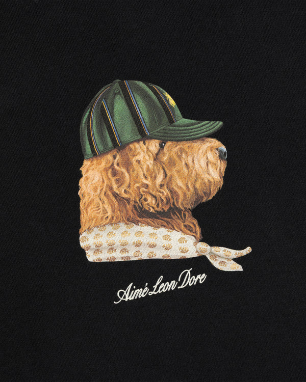 Illustration of a dog in green cap and scarf with “Aimé Leon Dore” on black Buddy Crewneck Sweatshirt.