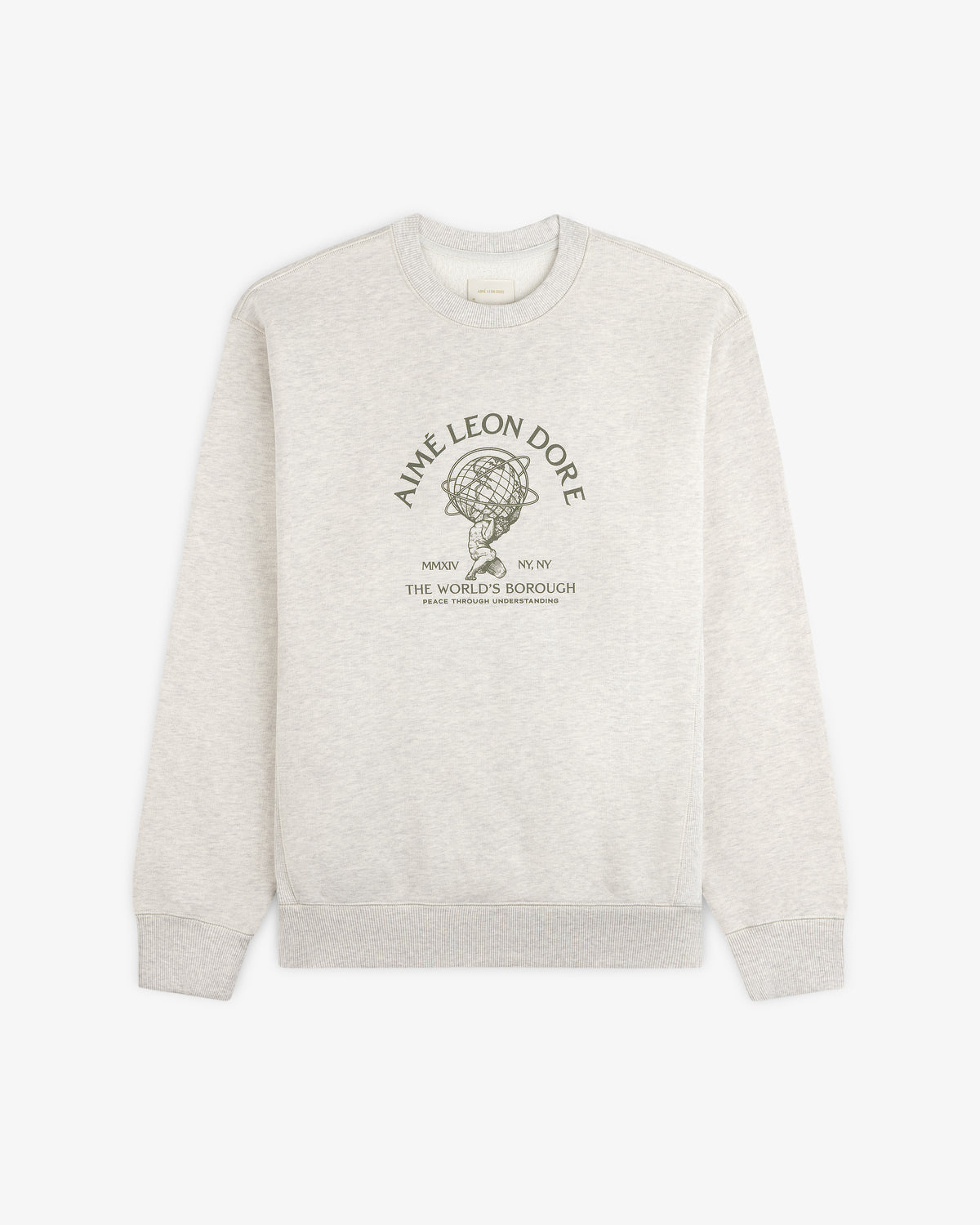 Light grey Atlas Crewneck Sweatshirt featuring a graphic of a figure holding a globe with text underneath.