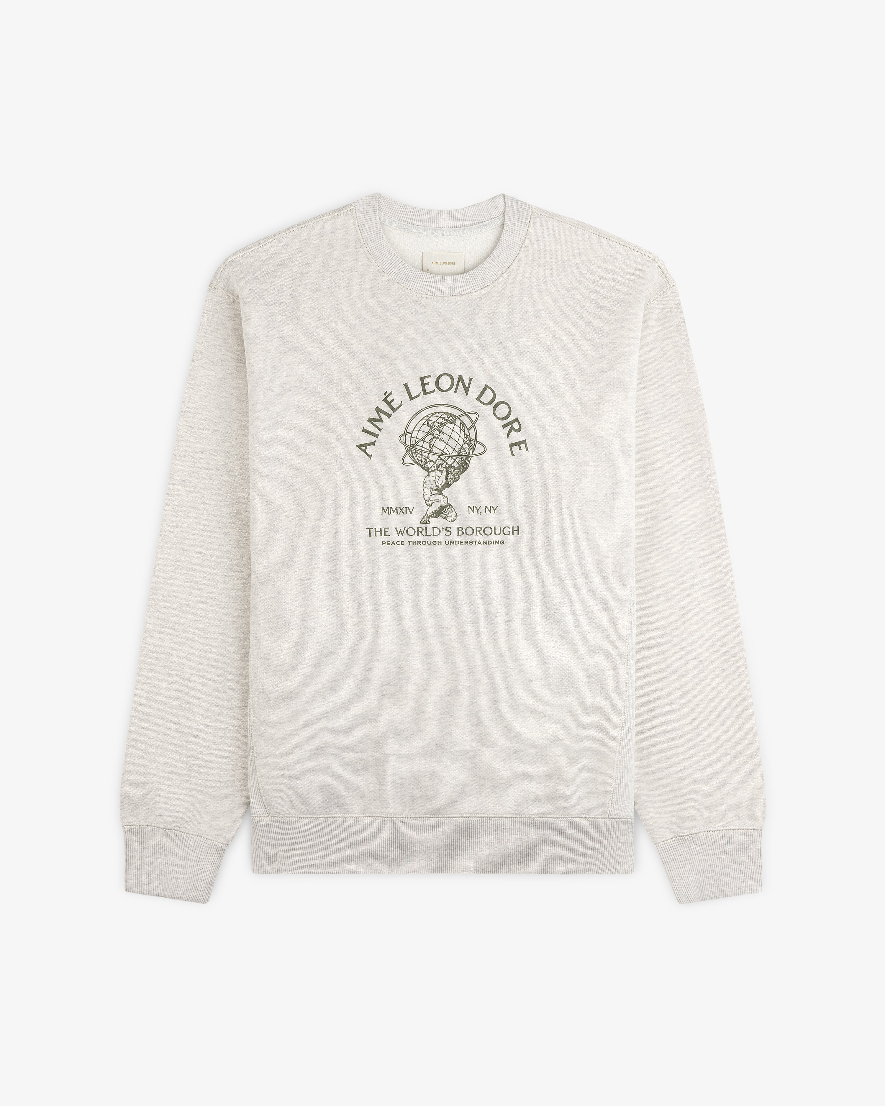 Light grey Atlas Crewneck Sweatshirt featuring a graphic of a figure holding a globe with text underneath.