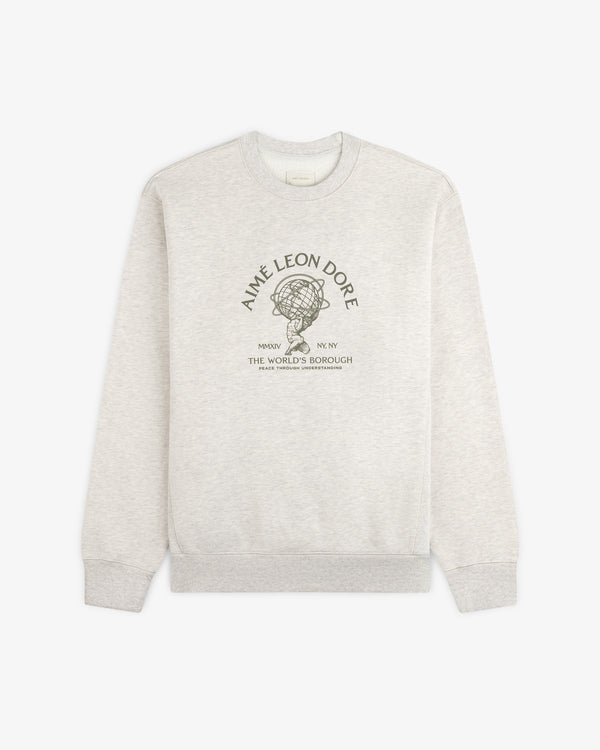 Light grey Atlas Crewneck Sweatshirt featuring a graphic of a figure holding a globe with text underneath.