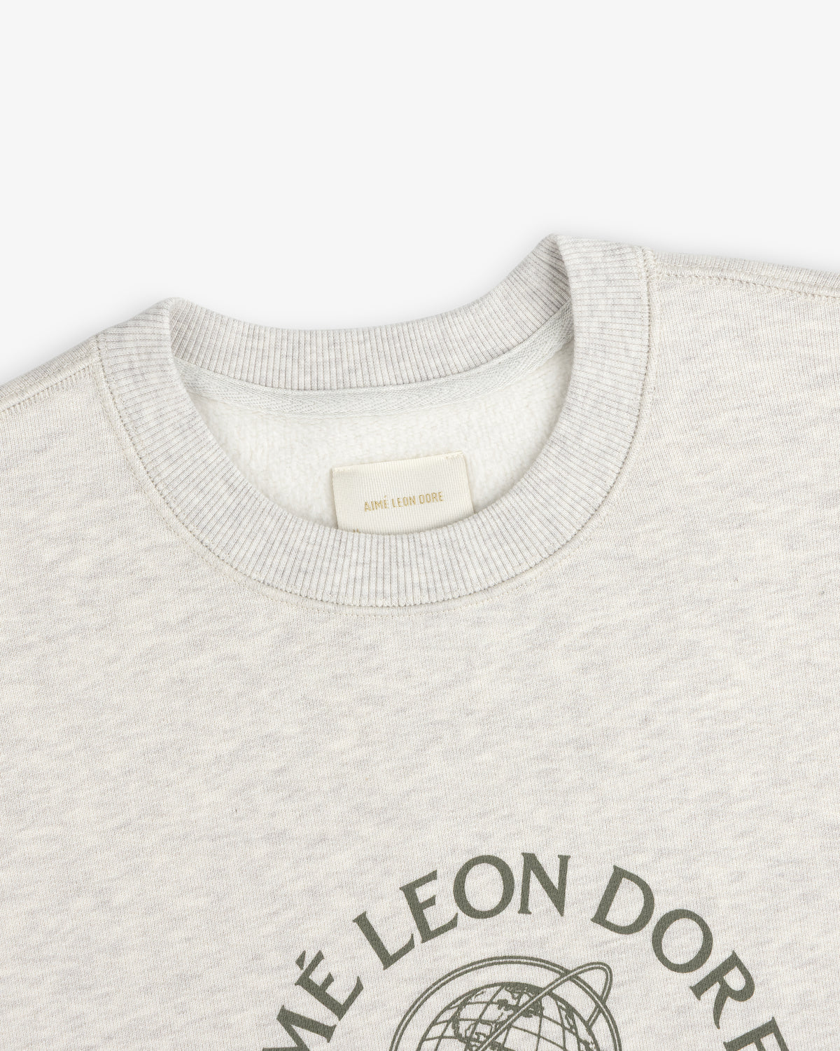 Light grey Atlas Crewneck Sweatshirt with a ribbed collar and a graphic print on the chest.