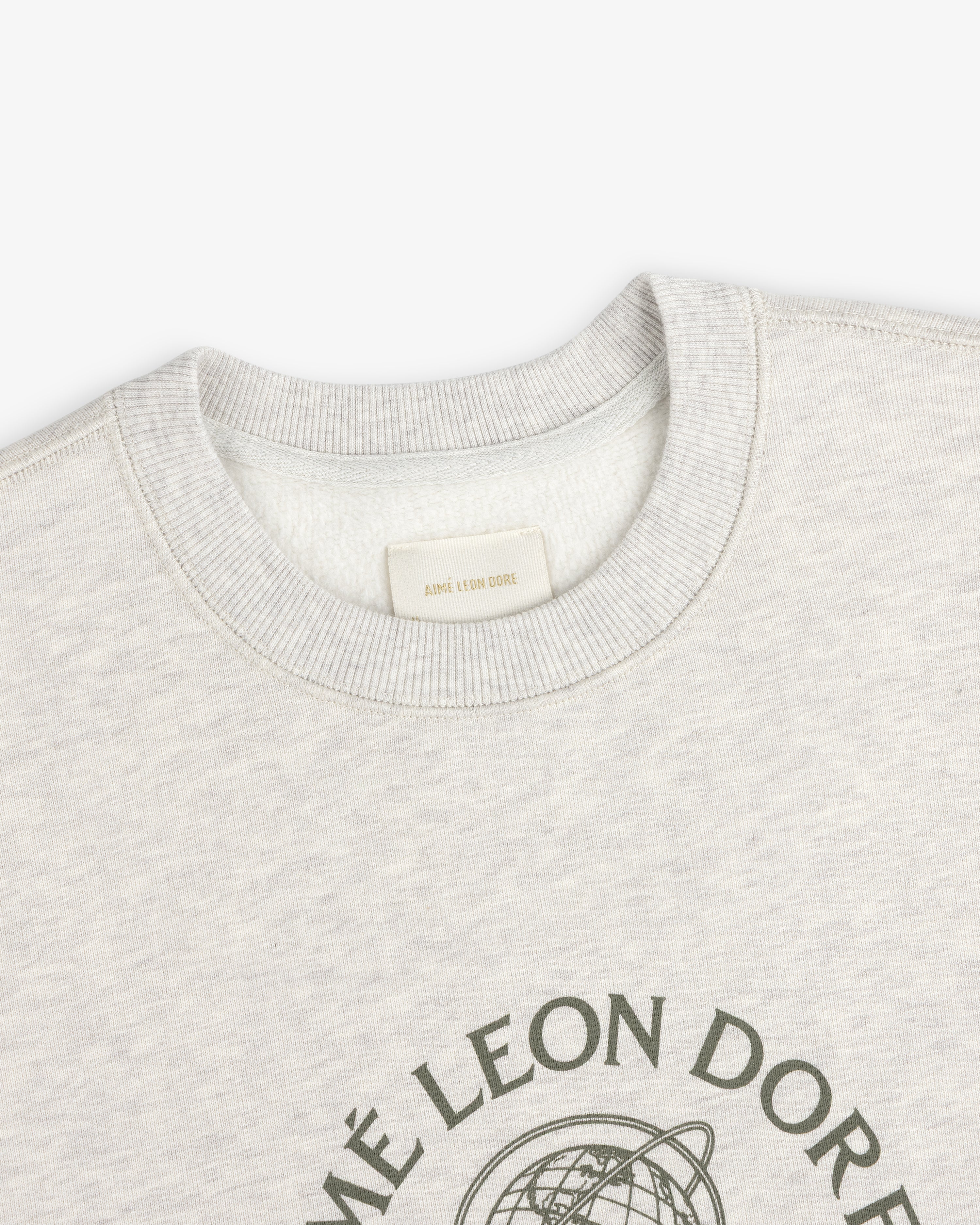 Light grey Atlas Crewneck Sweatshirt with a ribbed collar and a graphic print on the chest.