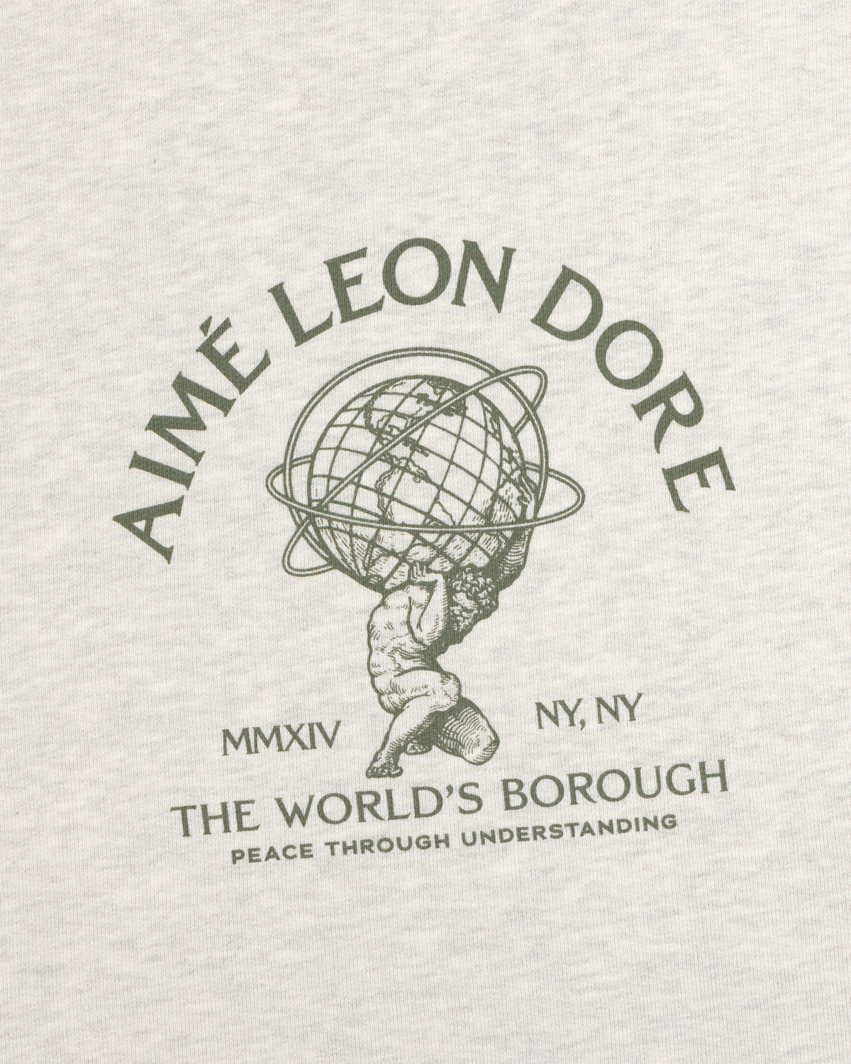 Light grey Atlas Crewneck Sweatshirt featuring a green graphic of Atlas holding a globe and The Worlds Borough text.