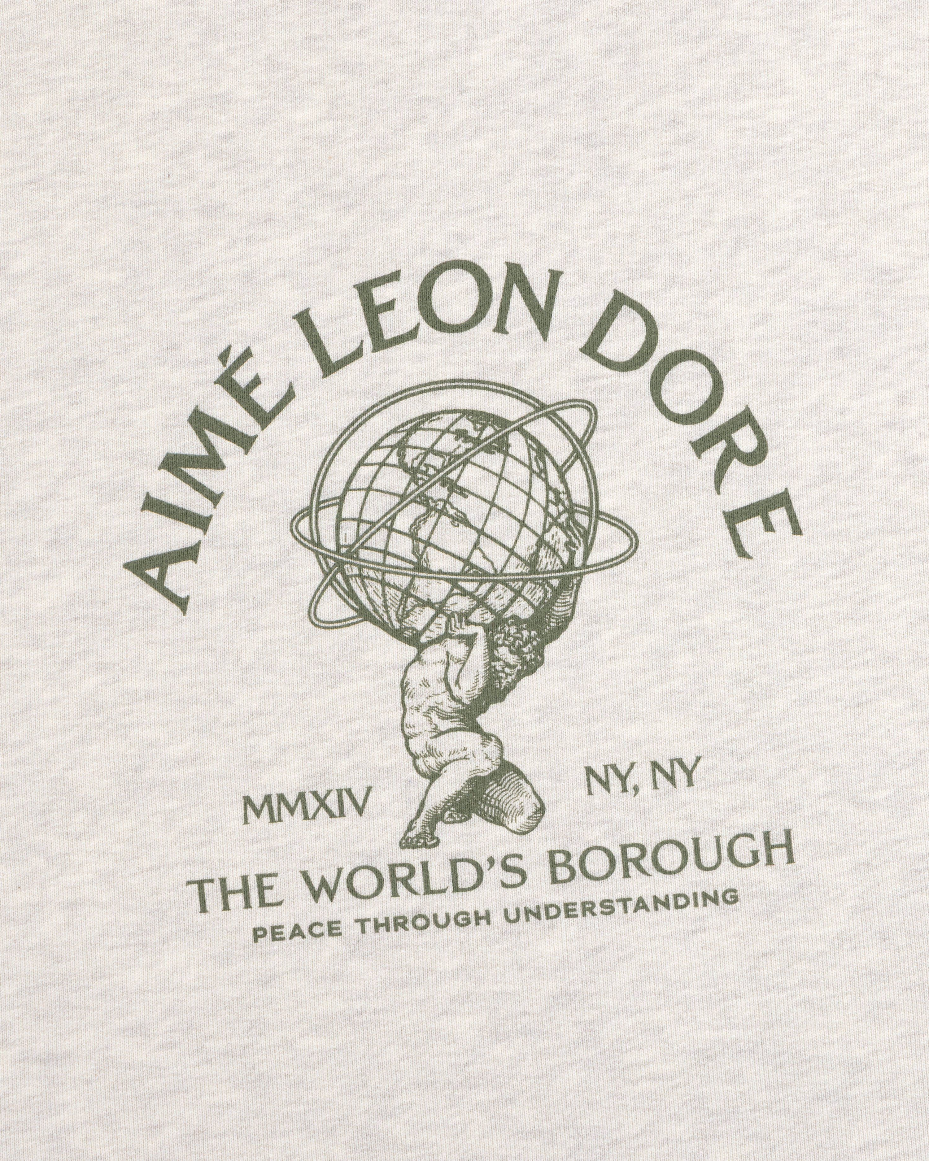 Light grey Atlas Crewneck Sweatshirt featuring a green graphic of Atlas holding a globe and The Worlds Borough text.