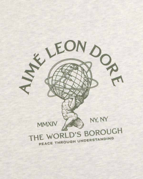 Light grey Atlas Crewneck Sweatshirt featuring a green graphic of Atlas holding a globe and The Worlds Borough text.