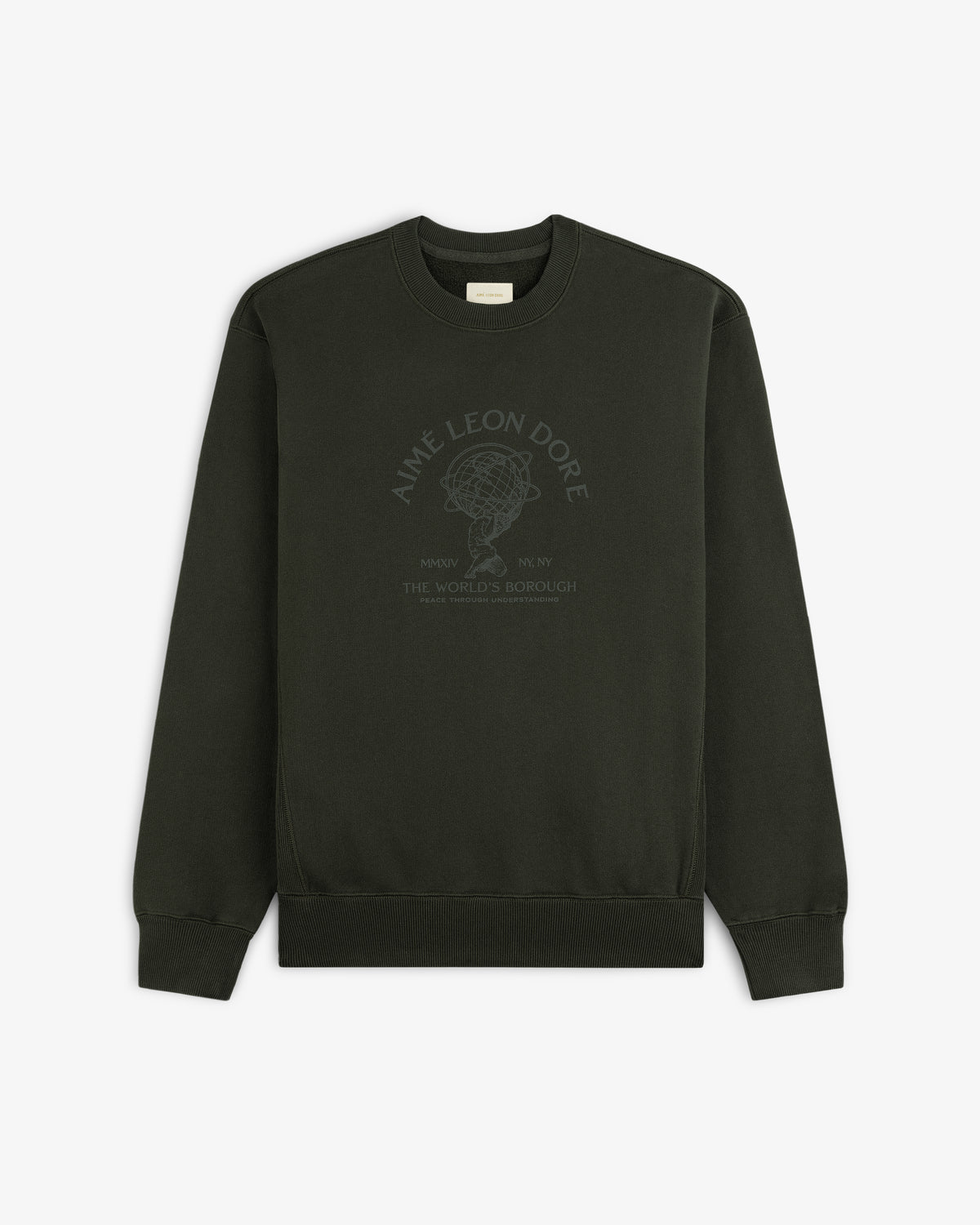 Dark olive Atlas Crewneck Sweatshirt featuring a circular globe graphic and text on the chest.