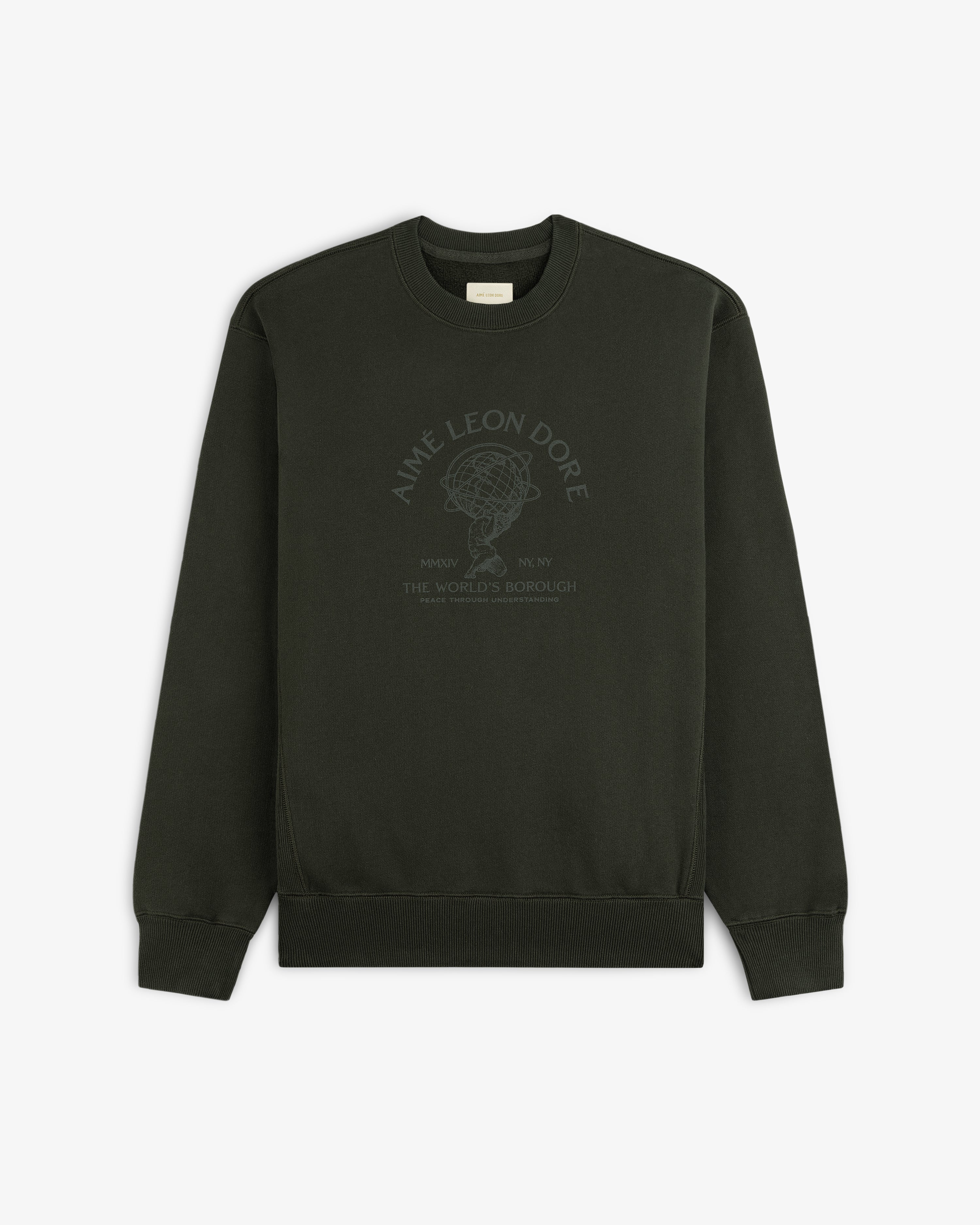 Dark olive Atlas Crewneck Sweatshirt featuring a circular globe graphic and text on the chest.