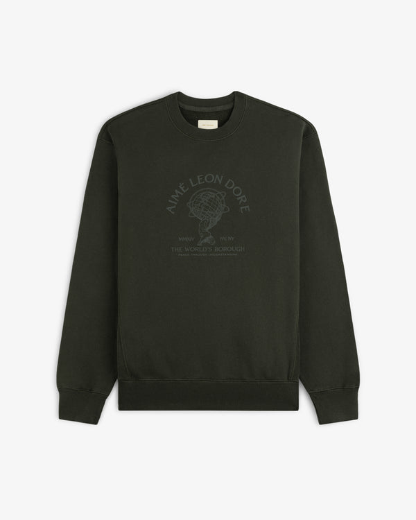 Dark olive Atlas Crewneck Sweatshirt featuring a circular globe graphic and text on the chest.