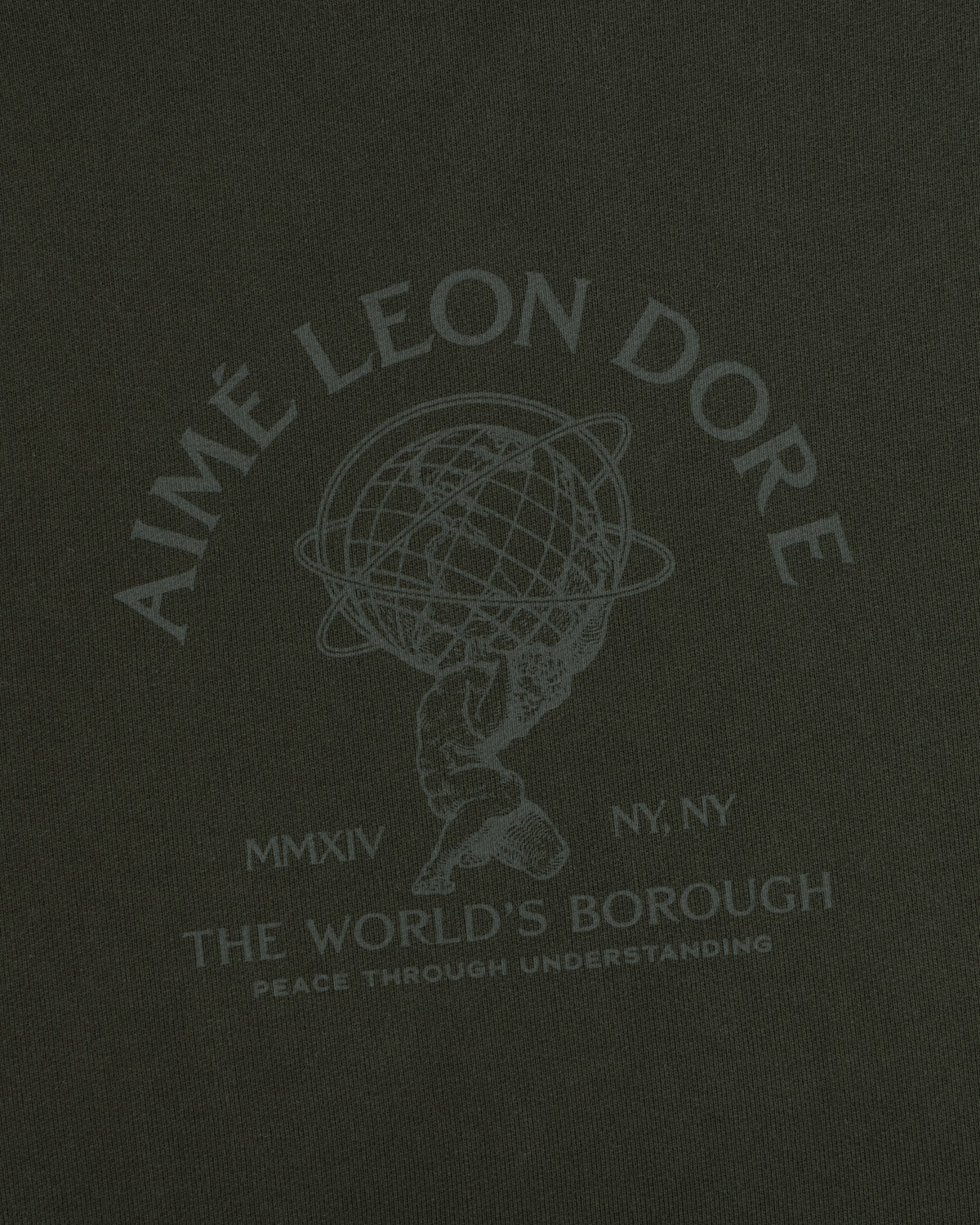 Atlas Crewneck Sweatshirt in dark olive, featuring a graphic of Atlas carrying a globe, brand text, and NY, NY.
