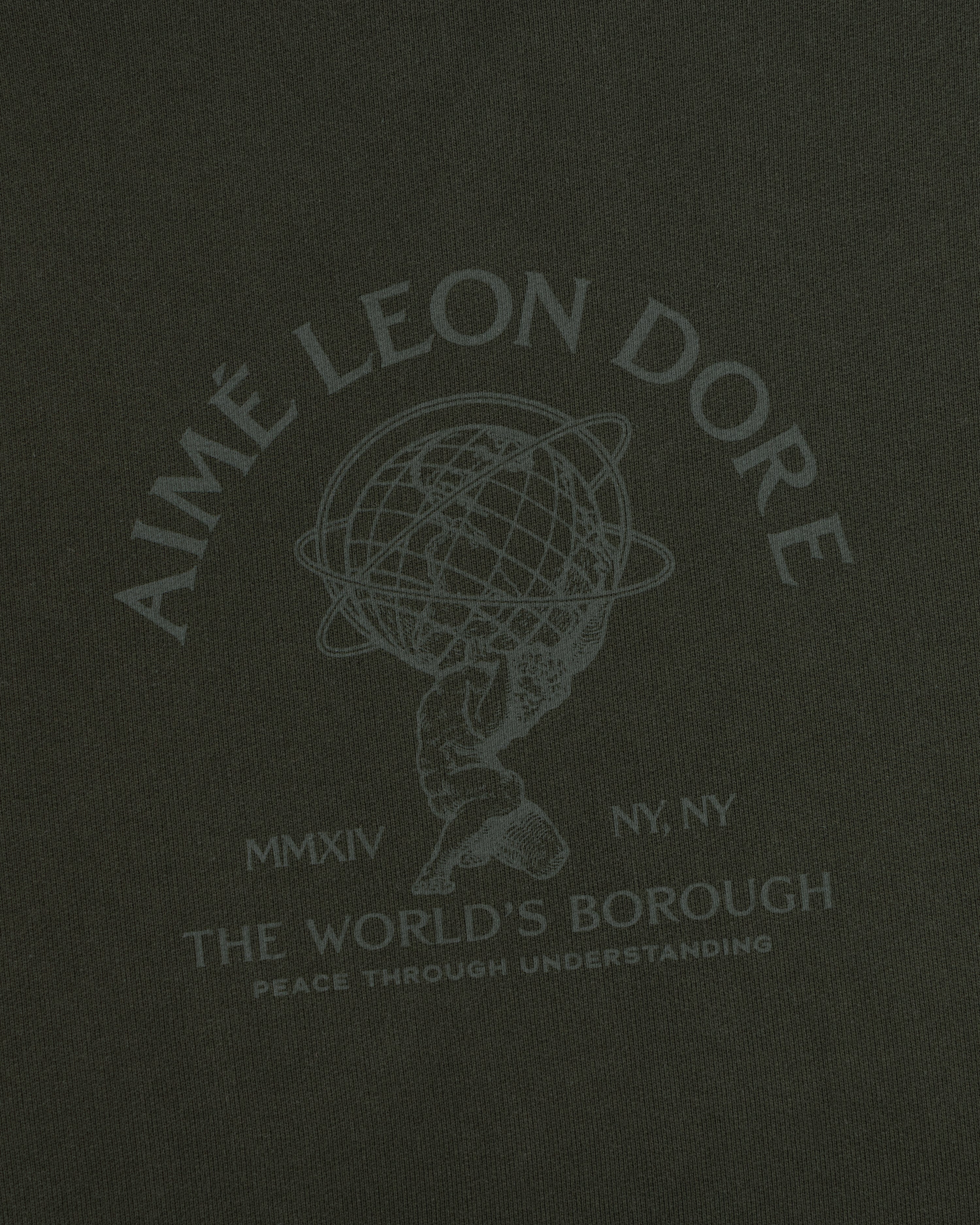 Atlas Crewneck Sweatshirt in dark olive, featuring a graphic of Atlas carrying a globe, brand text, and NY, NY.