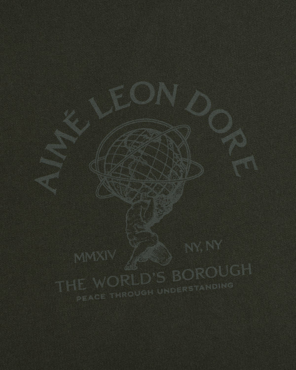 Atlas Crewneck Sweatshirt in dark olive, featuring a graphic of Atlas carrying a globe, brand text, and NY, NY.