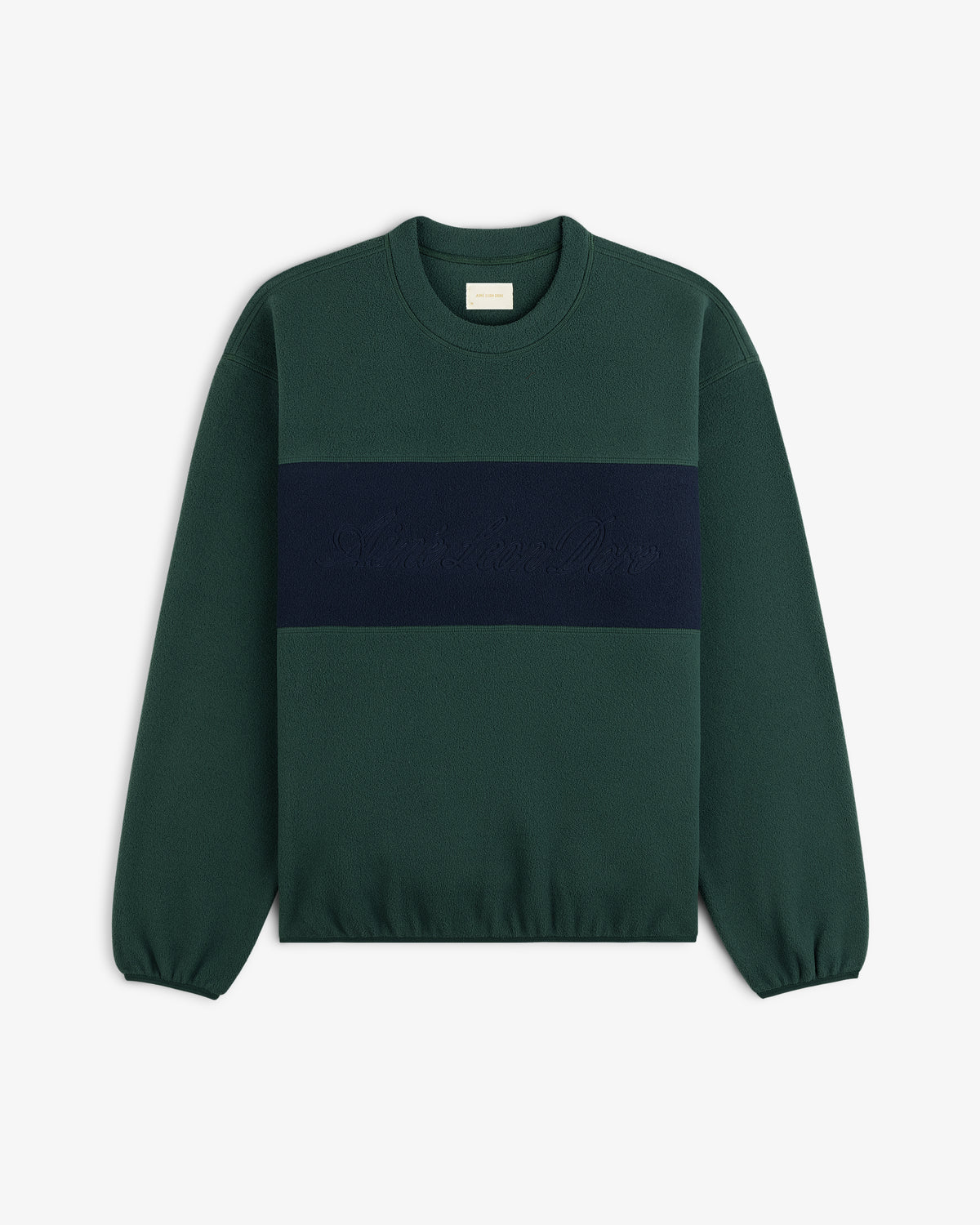 Fleece Script Paneled Crewneck Sweatshirt in dark green with a navy horizontal chest panel featuring embroidered lettering.