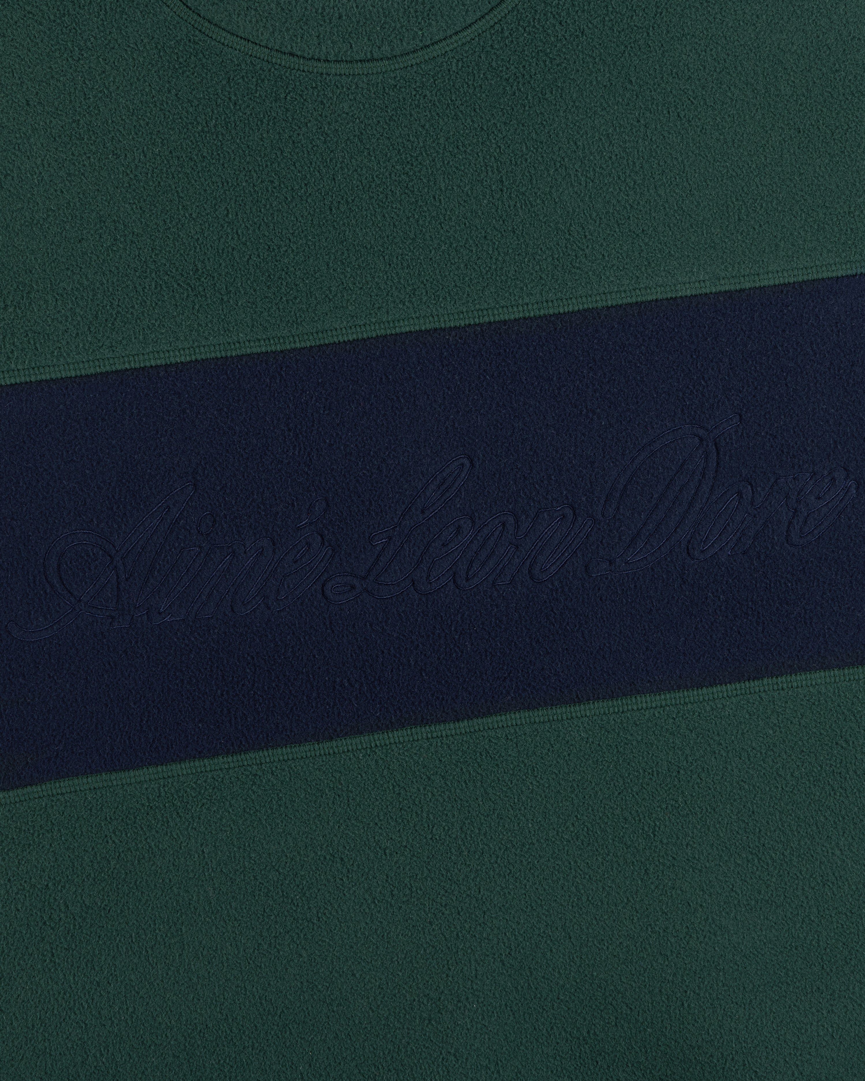 Fleece Script Paneled Crewneck Sweatshirt: green fleece with a wide navy blue horizontal panel and embossed script.
