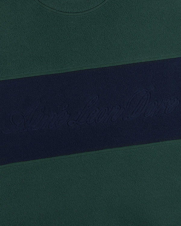 Fleece Script Paneled Crewneck Sweatshirt: green fleece with a wide navy blue horizontal panel and embossed script.