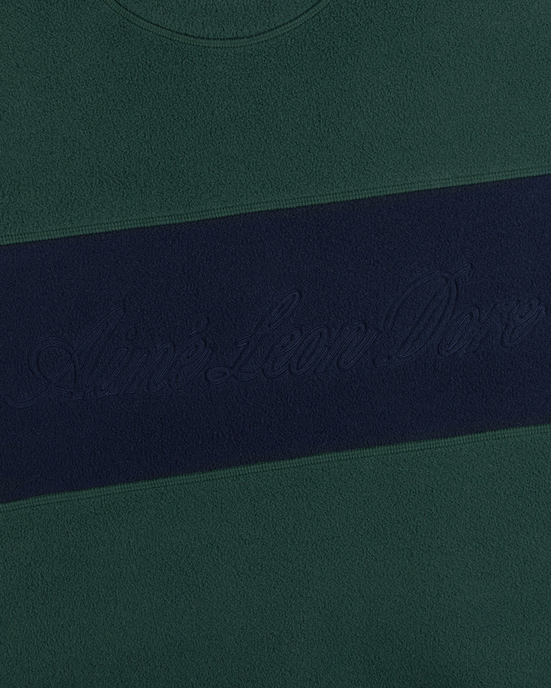 Fleece Script Paneled Crewneck Sweatshirt: green fleece with a wide navy blue horizontal panel and embossed script.