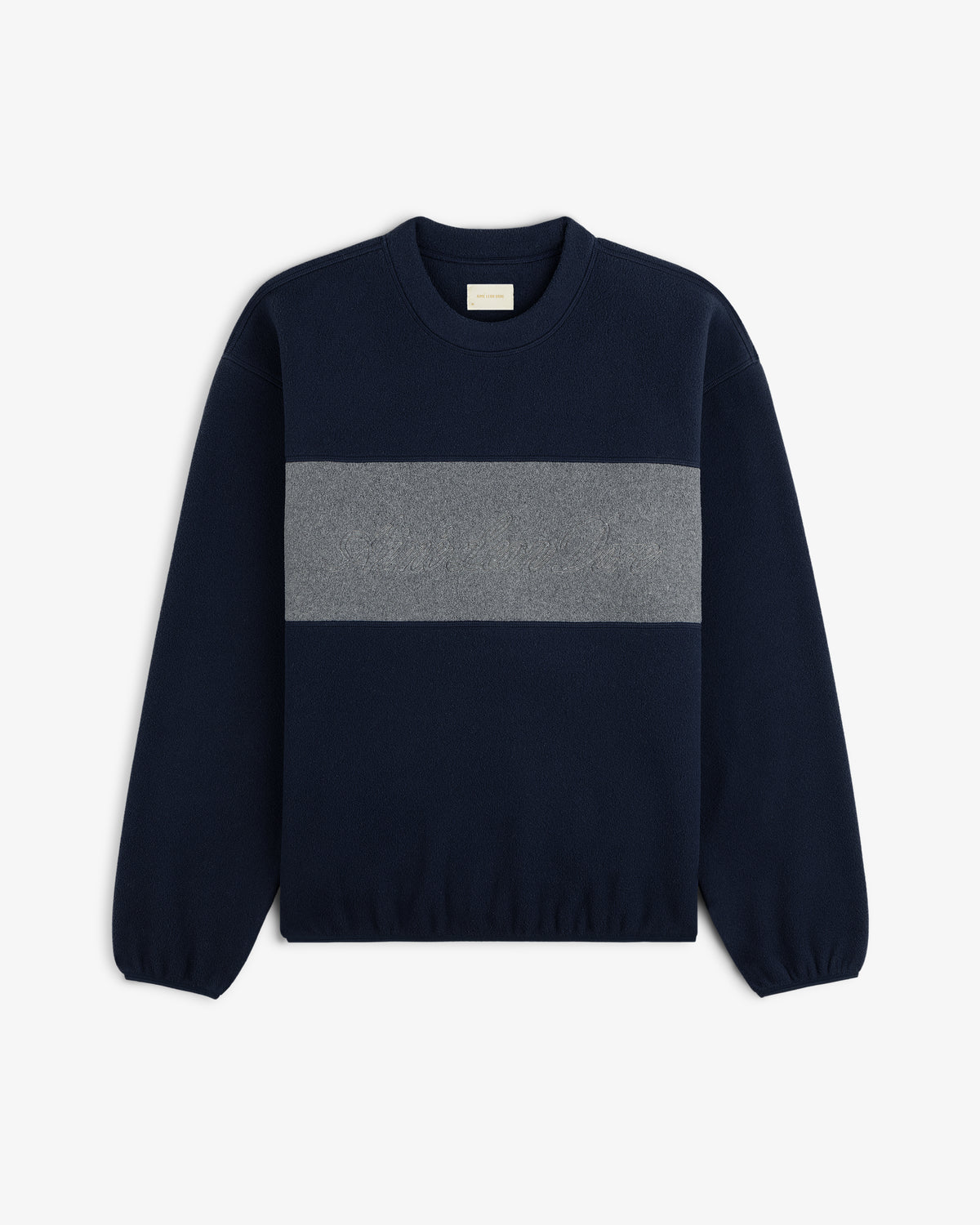 Fleece Script Paneled Crewneck Sweatshirt in navy blue with a wide, grey horizontal chest panel and embroidered lettering.