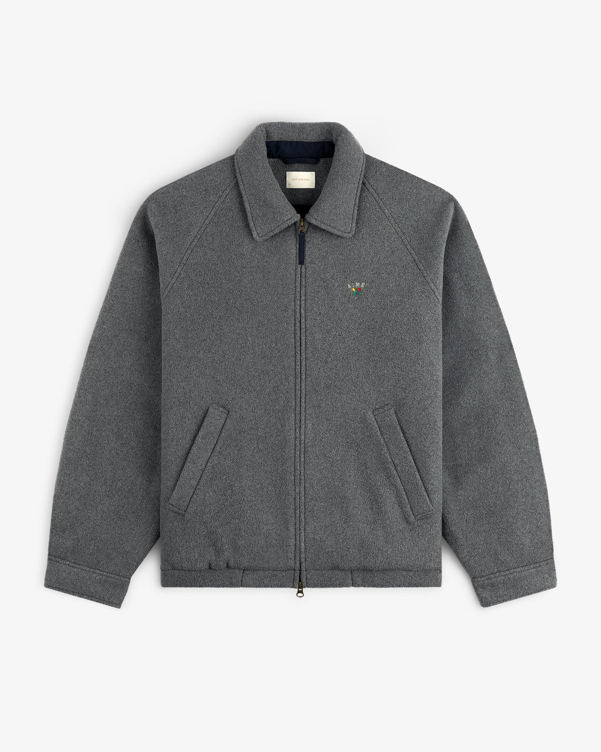 Crest Fleece Casual Jacket: gray zip-up with collar, two front pockets, and colorful chest logo.