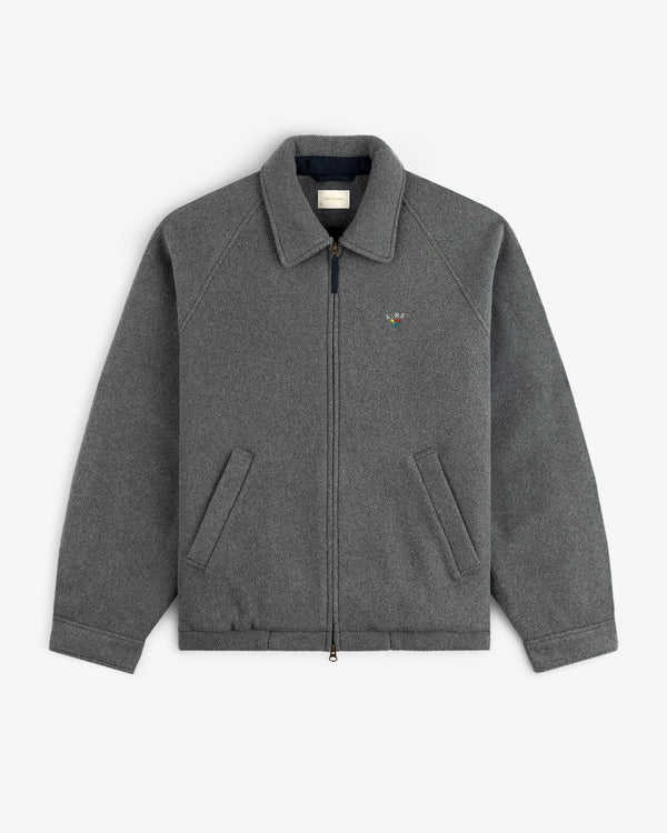 Crest Fleece Casual Jacket: gray zip-up with collar, two front pockets, and colorful chest logo.